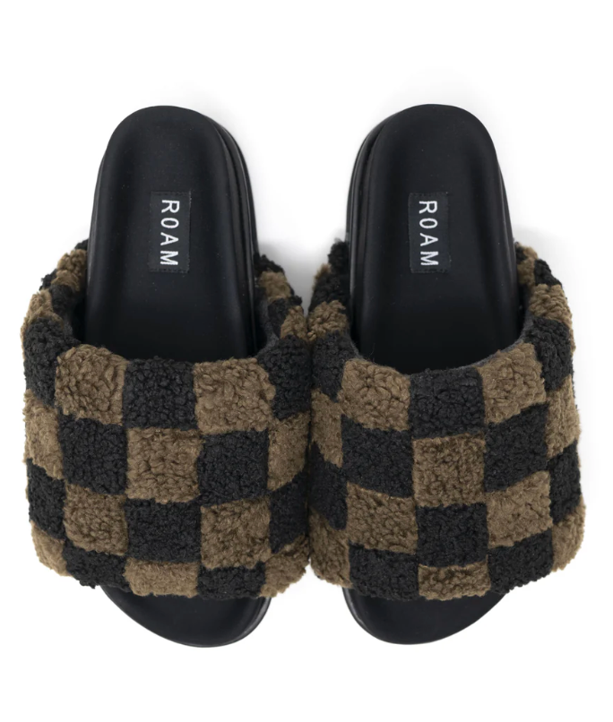 ROAM FUZZY CHECKER STACK PLATFORM BLACK & TAUPE FAUX SHEARLING